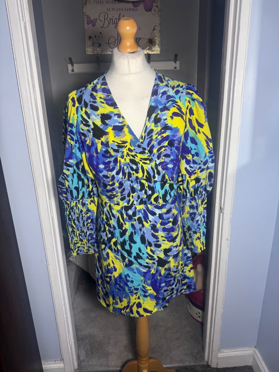 Simply Be Summer Wrap Mini Dress Blue Yellow Abstract Print UK 16 Tie Waist