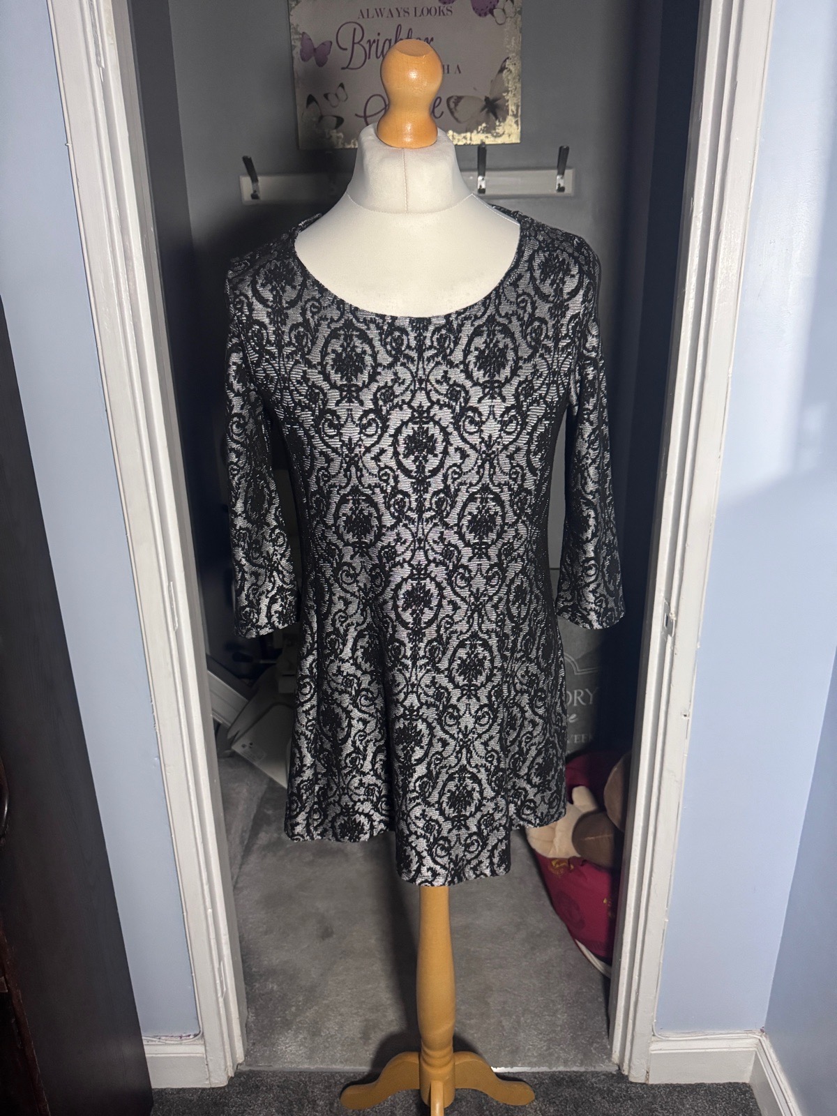 M&S Collection Black Silver Baroque Skater Party Dress UK 12 Stretch