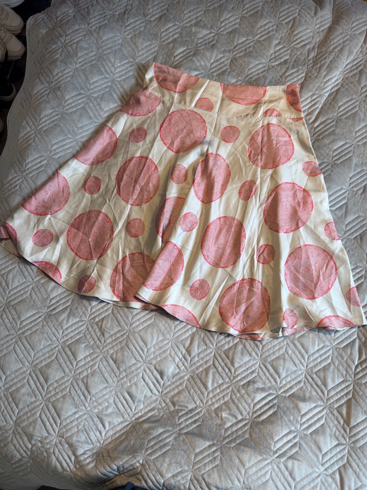 Reiss Pure Silk A-Line Skirt Cream Coral Circle Print UK 12