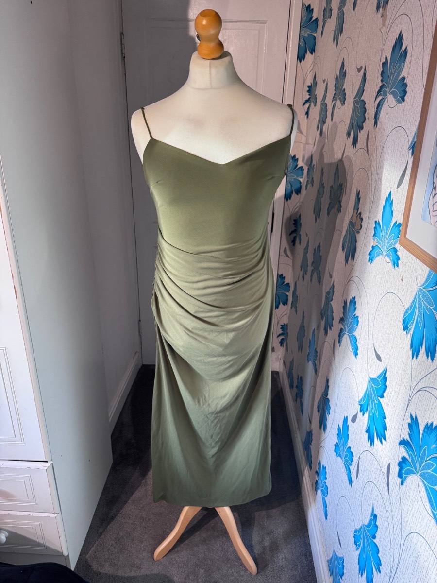Zara Midi Dress Khaki Green UK 16 XL Ruched Cami Open Back