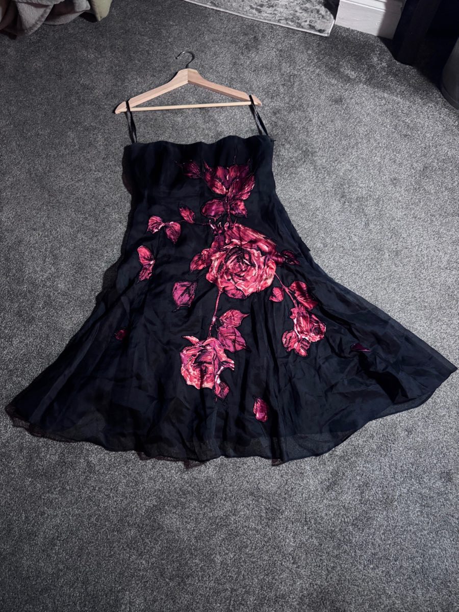Coast Occasion Dress Black UK 14 Red Floral Silk Beaded Cocktail Party Dress