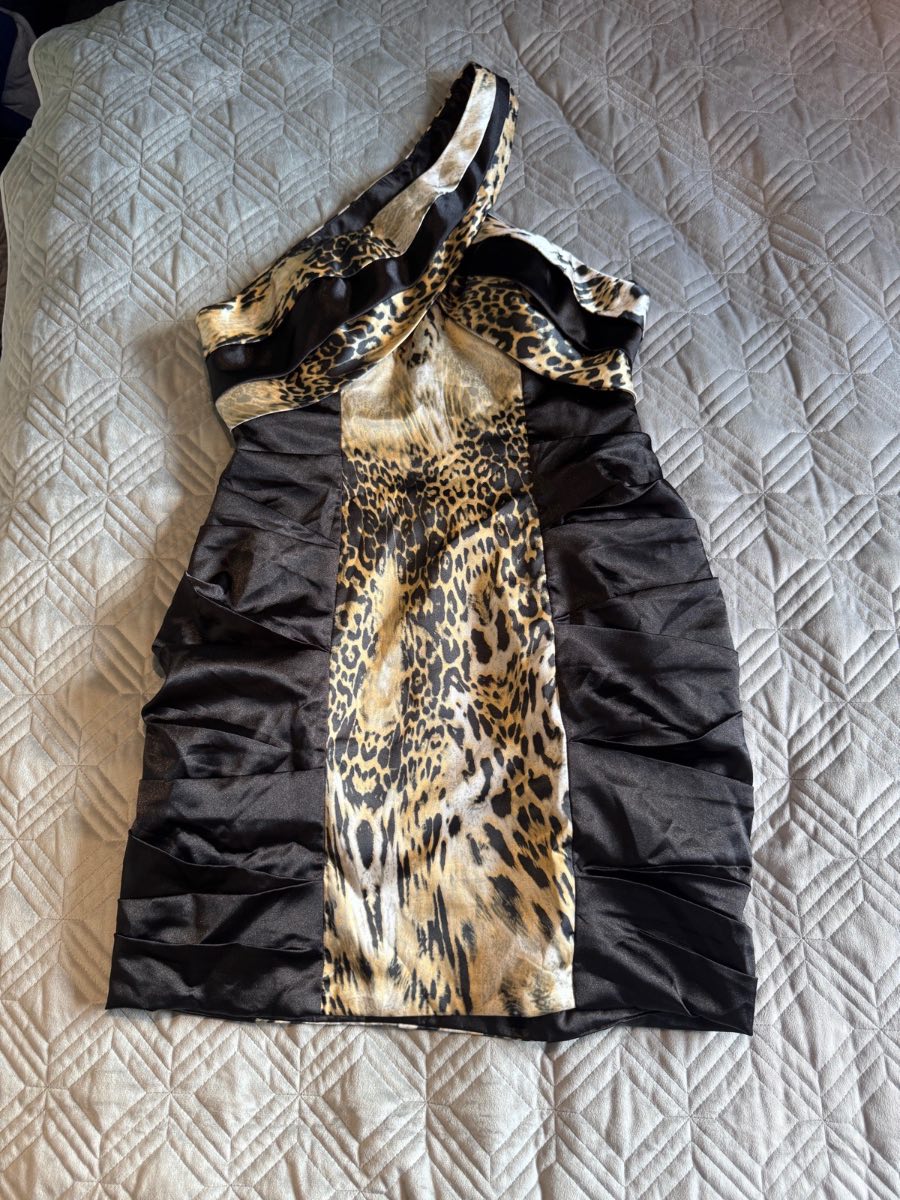 Koo-Ture Summer Mini Dress Black Leopard Print UK 10 One Shoulder Bodycon