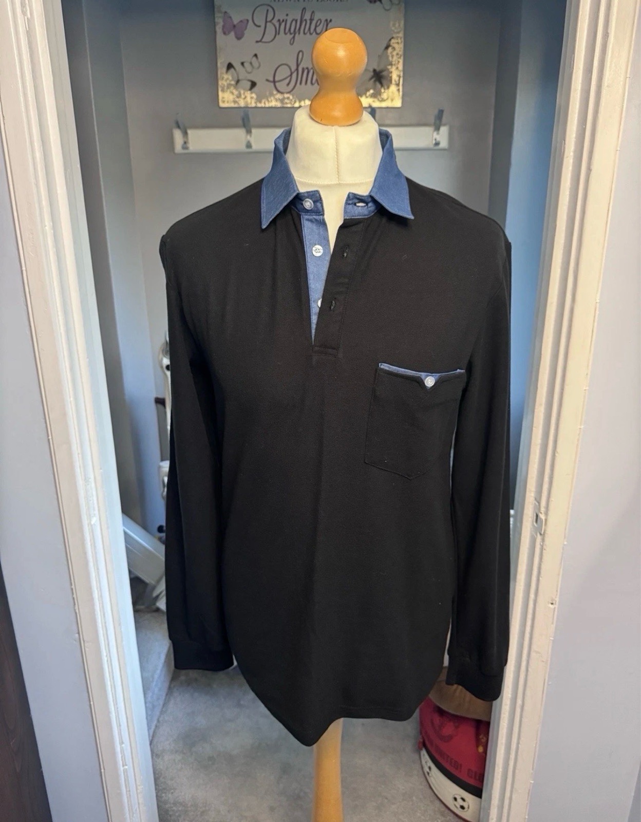GHYUGR Long Sleeve Polo Shirt Black Blue Size M Denim Collar 100% Cotton
