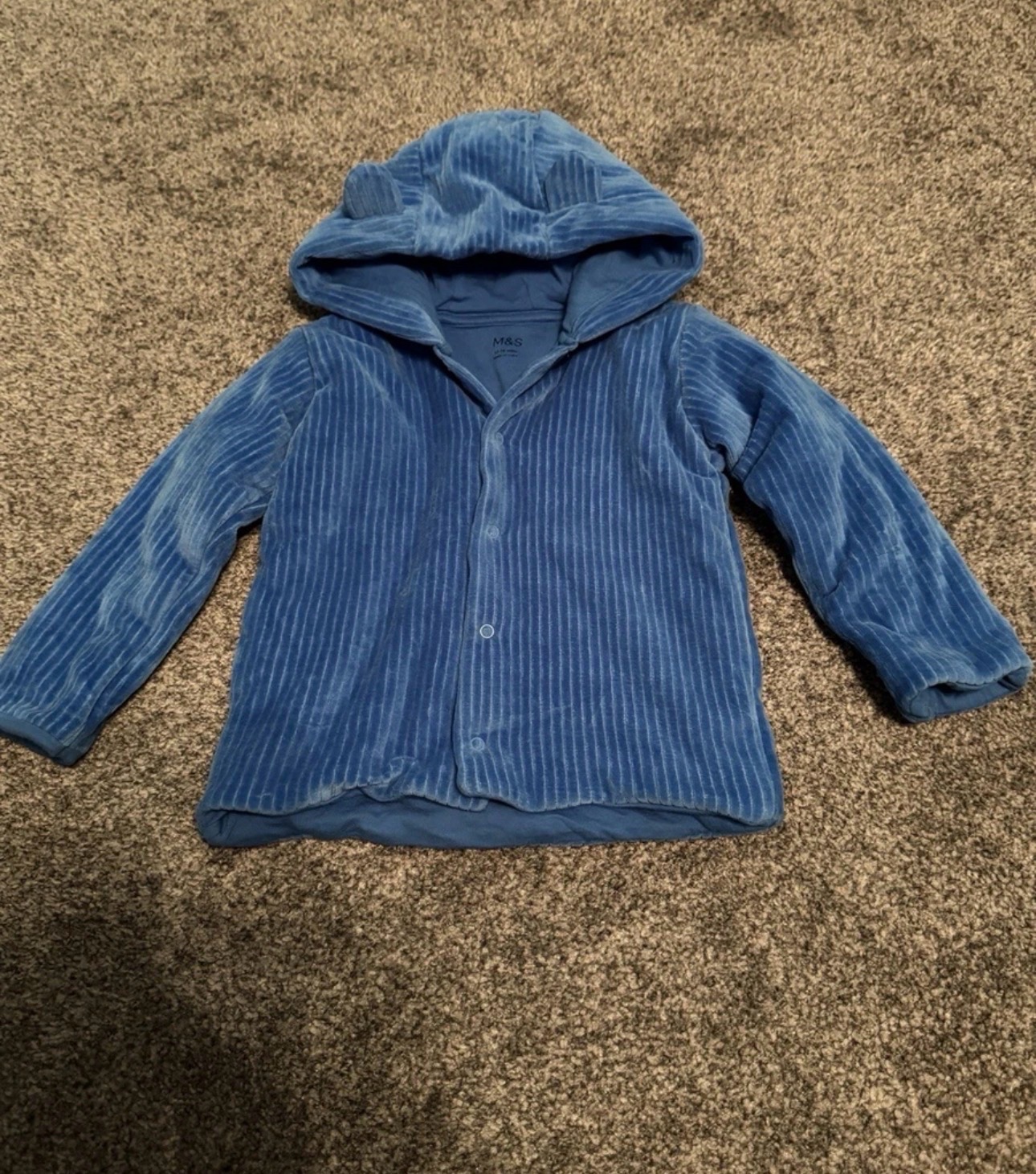M&S Baby Hooded Jacket Blue Velour 12-18 Months 83cm Bear Ears Autumn Winter