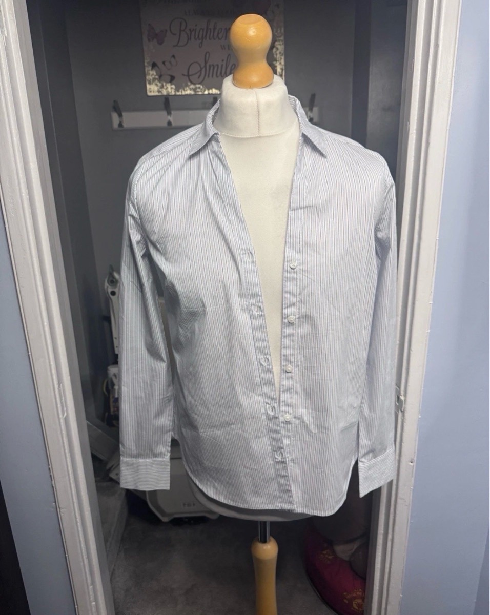 H&M Striped Cotton Blend Shirt White/Blue UK 14 Tailored Fit