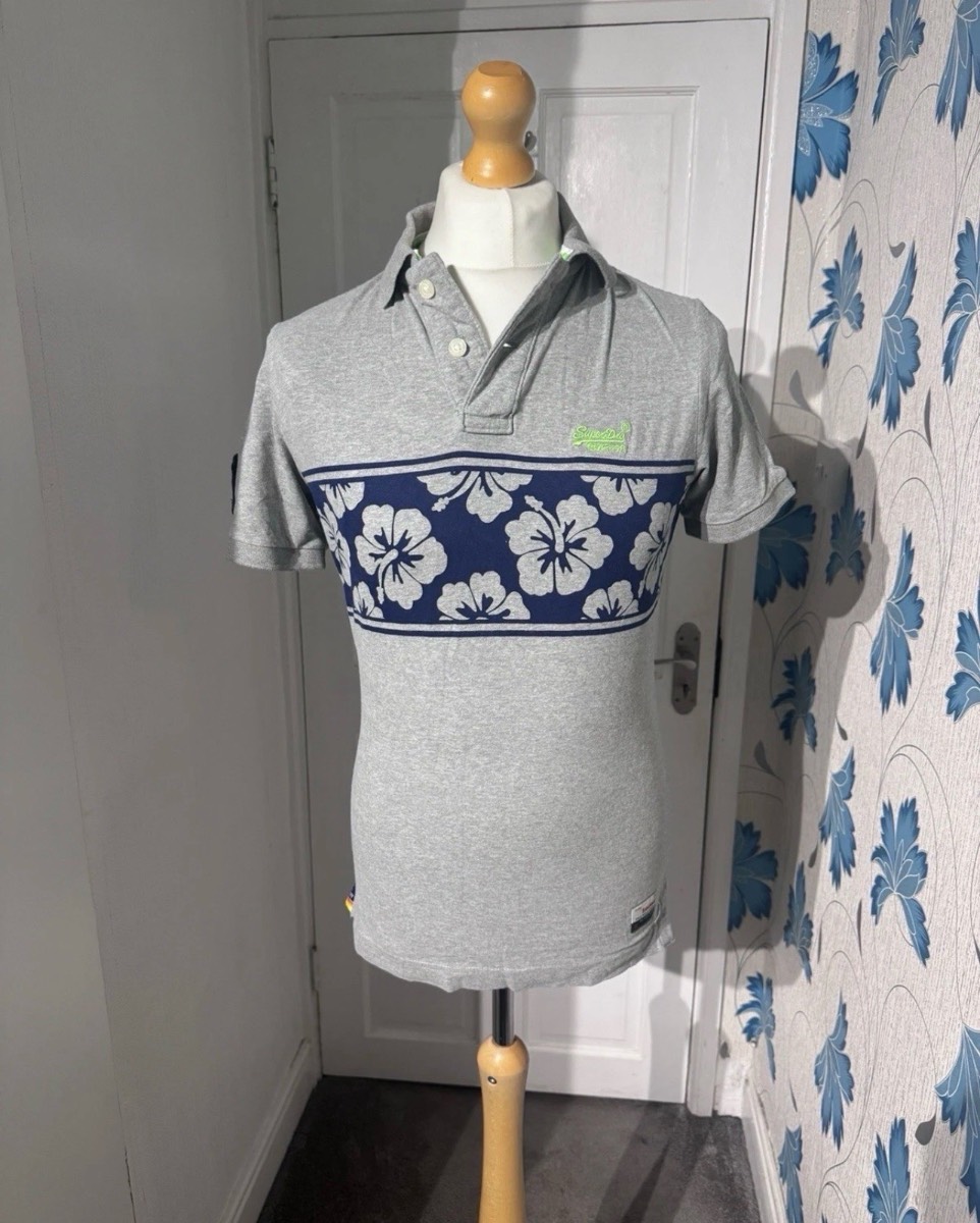 Superdry Polo Shirt Grey Medium (M) Hawaiian Floral Chest Band 100% Cotton