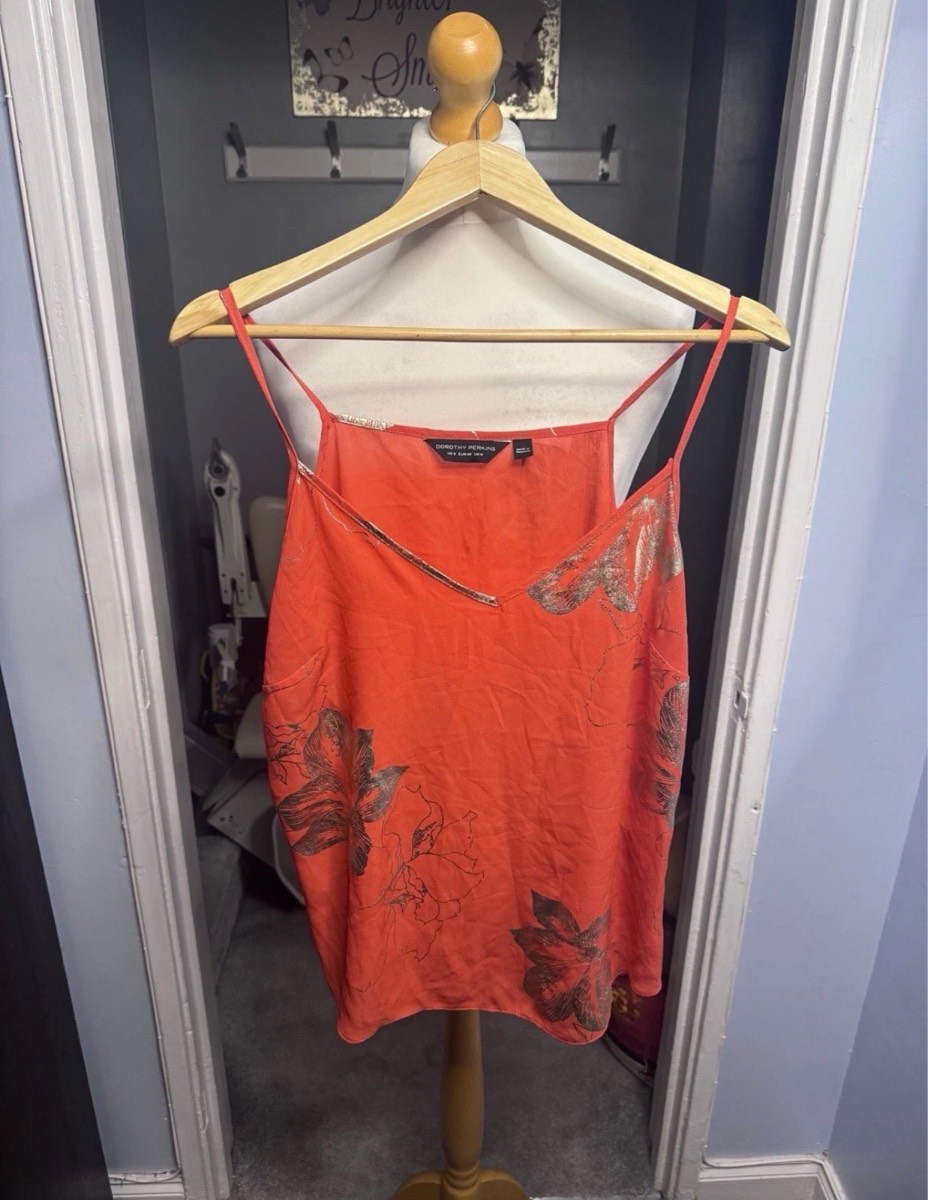 Dorothy Perkins Strappy Cami Top Orange Metallic Floral Print UK 12 Summer Vest