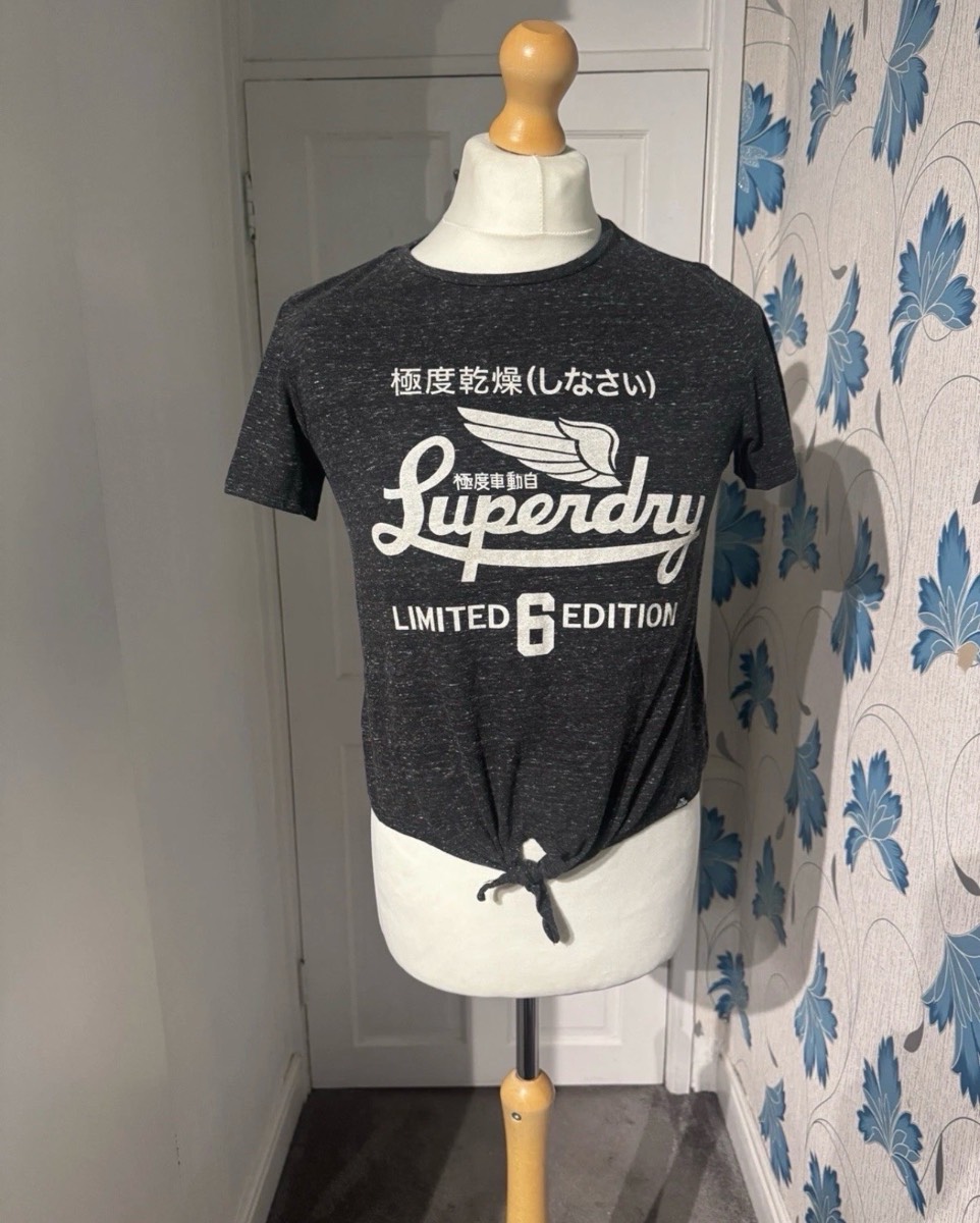 Superdry Tie Front T-Shirt Charcoal Grey Marl UK 12/M Summer Graphic Logo Tee