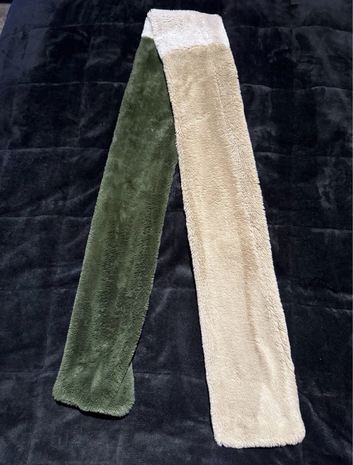 Fire & Glory Fluffy Long Scarf Khaki Green Cream One Size Colour Block