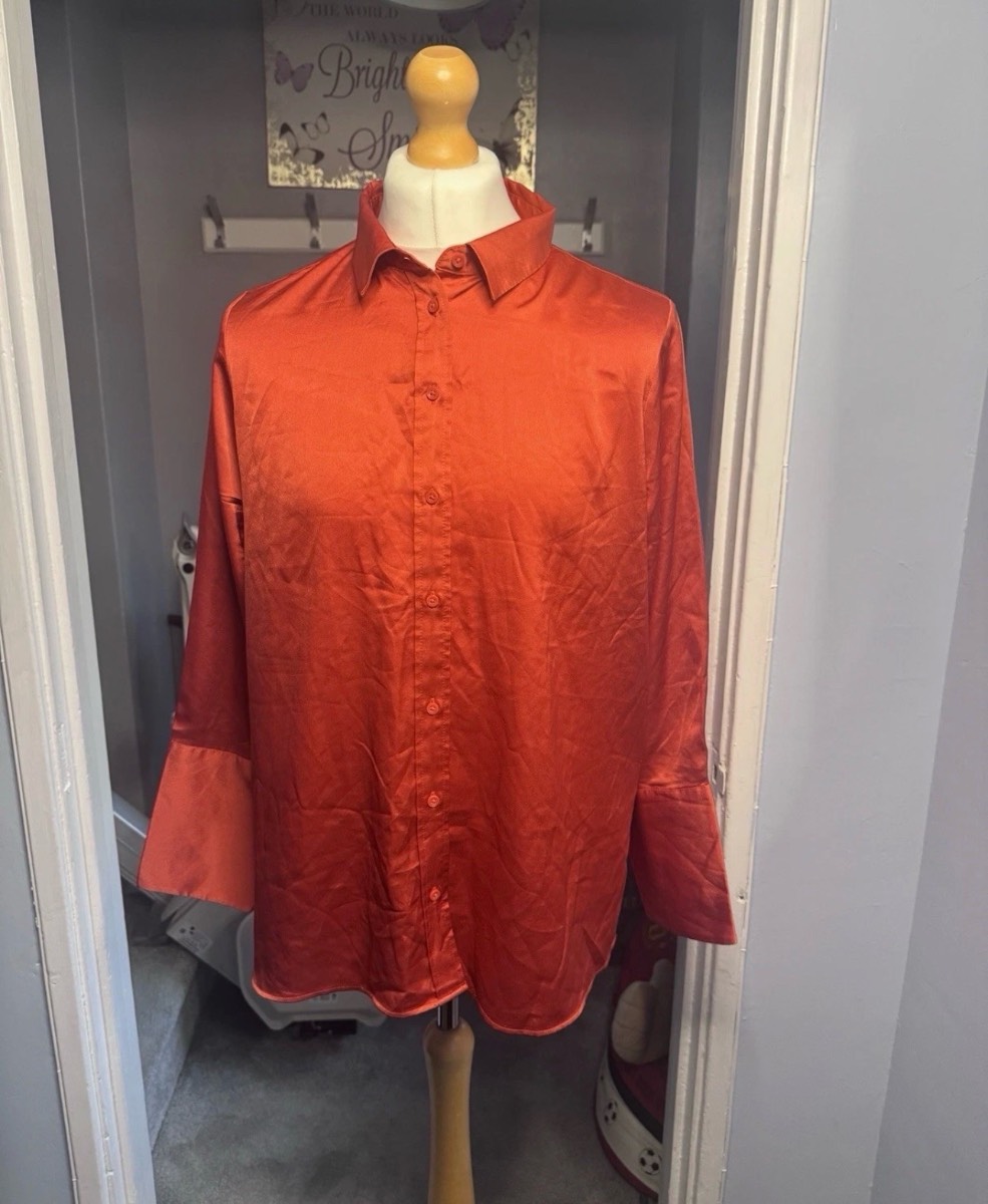 M&S Collection Satin Shirt Orange UK 18 Long Sleeve Smart Smart Blouse Top