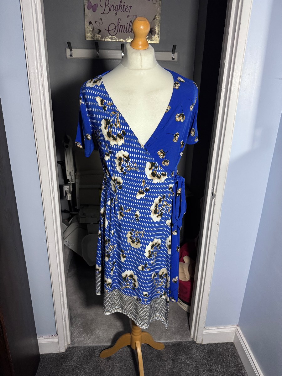 Next Blue Floral Wrap Midi Dress UK 12 Short Sleeve Summer Occasion Tea
