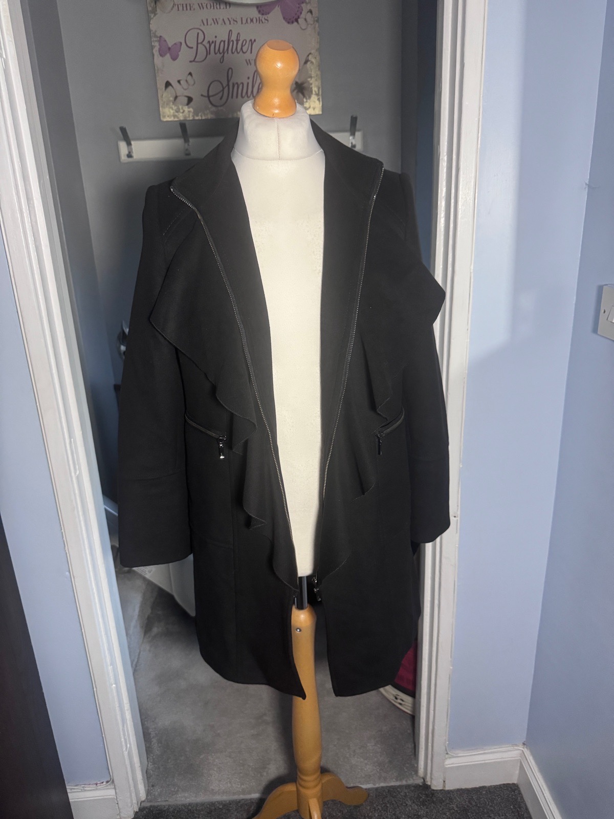 M&S Per Una Black Waterfall Coat UK 16 Asymmetric Zip Funnel Neck