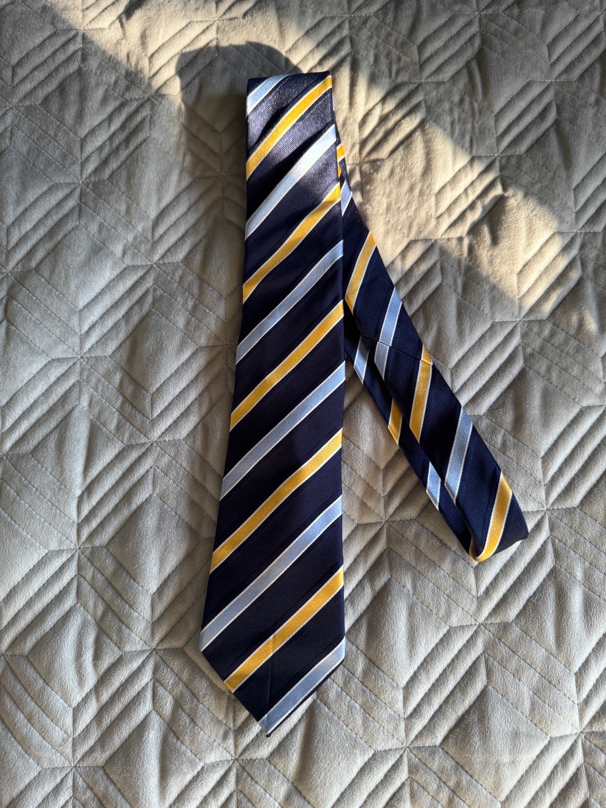 F&F 100% Silk Tie Navy Blue Gold Light Blue Striped Formal Work Wedding