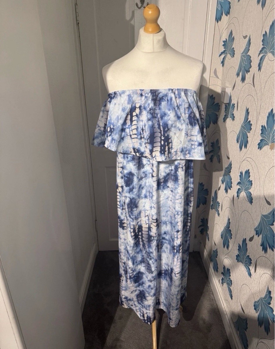 Shein Curve Bardot Maxi Dress Blue Tie Dye UK 16-18 (0XL) Off Shoulder