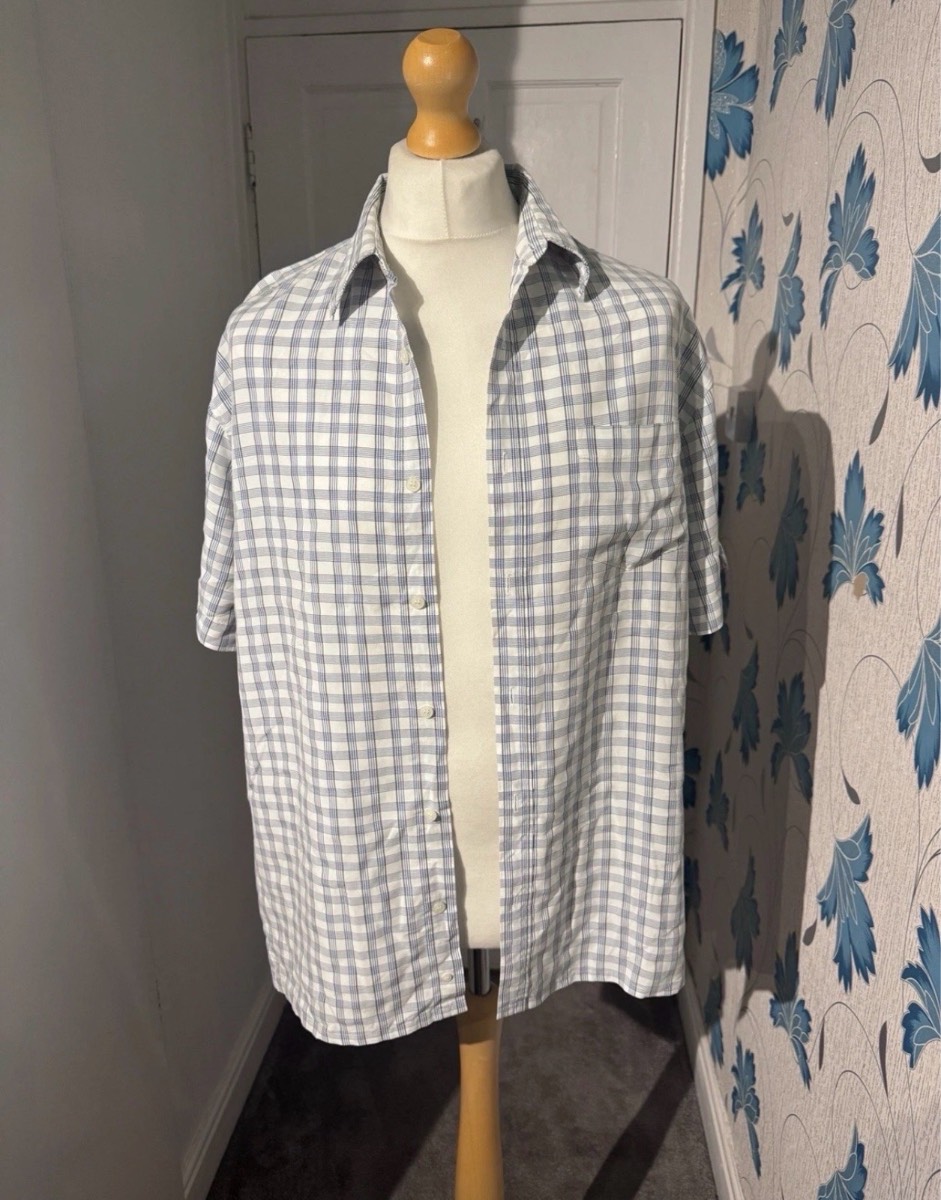 Easy Short Sleeve Check Shirt White Blue Large Summer Casual Button-Up