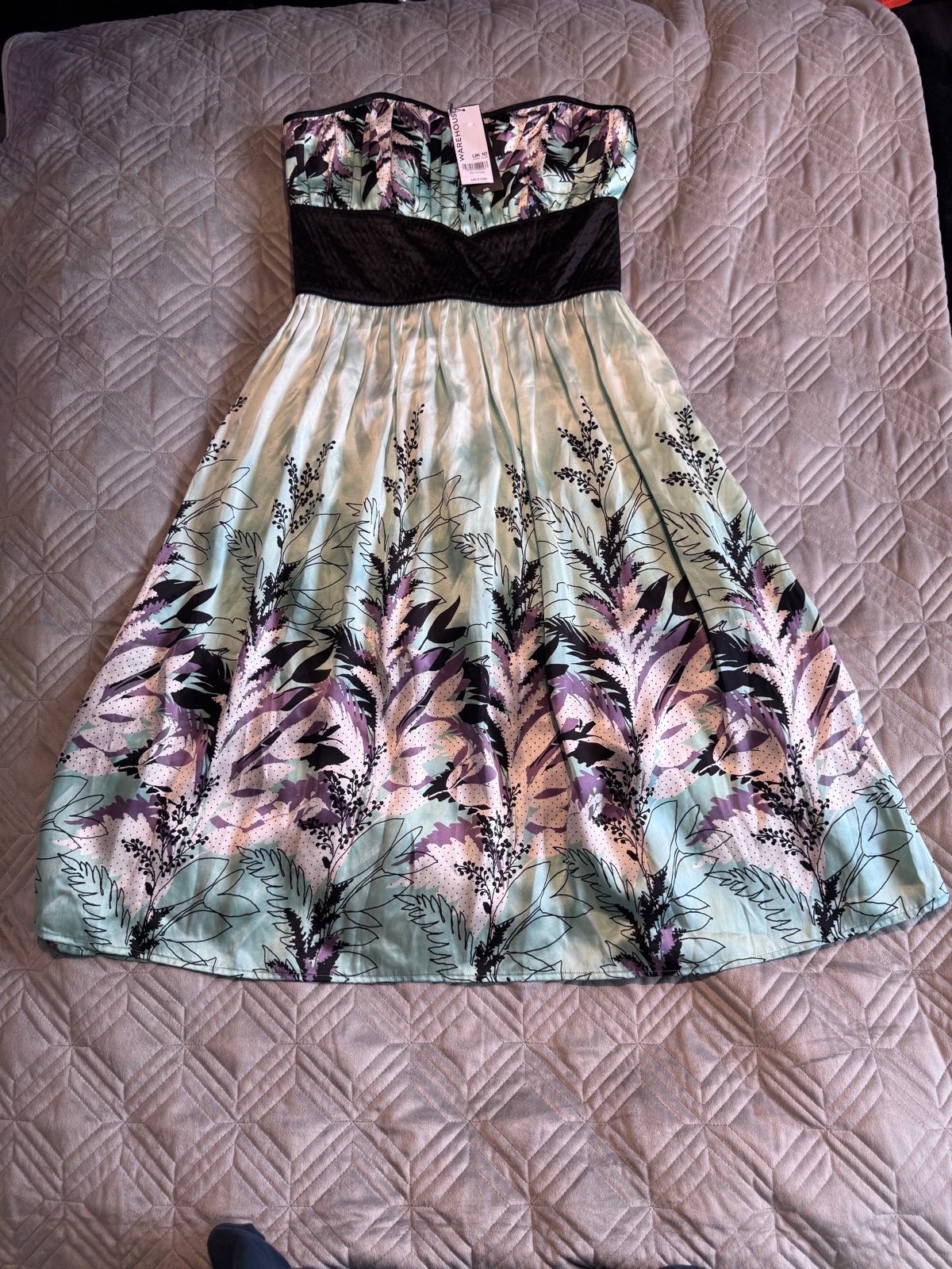 Warehouse Silk Floral Bandeau Midi Dress Mint Black UK 10 BNWT