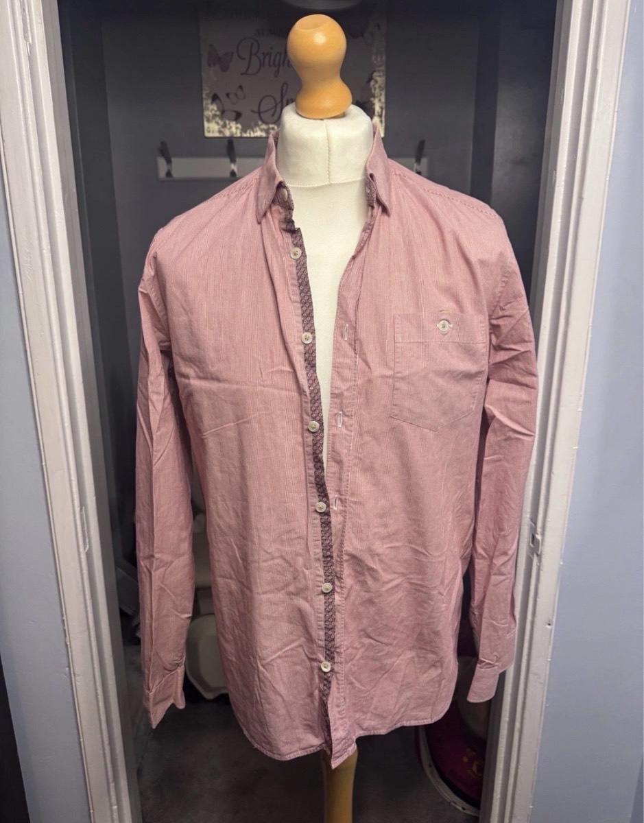Ted Baker Long Sleeve Shirt Red White Stripe Size 4 (Large L) Button Down 100% Cotton Summer