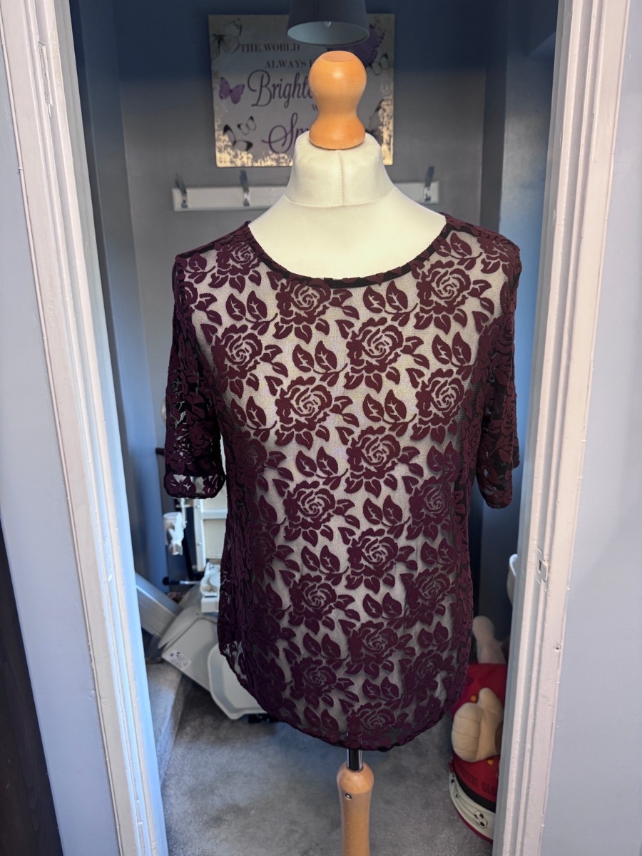 Dorothy Perkins Mesh Floral Top Wine UK 18 Burnout Rose Summer Party