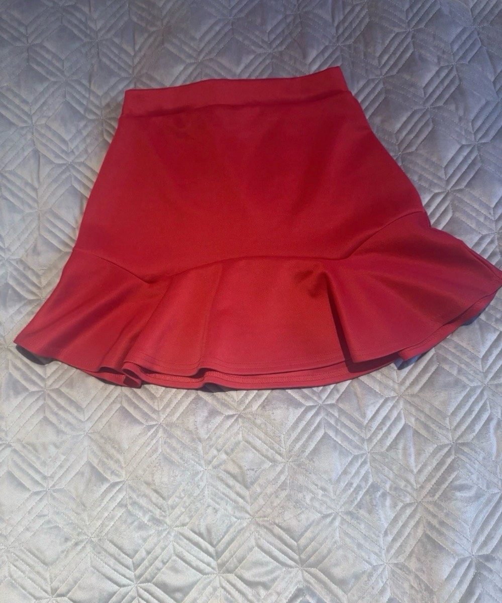 PrettyLittleThing Red Frill Mini Skirt UK 10 Bodycon Stretch Party Club Summer