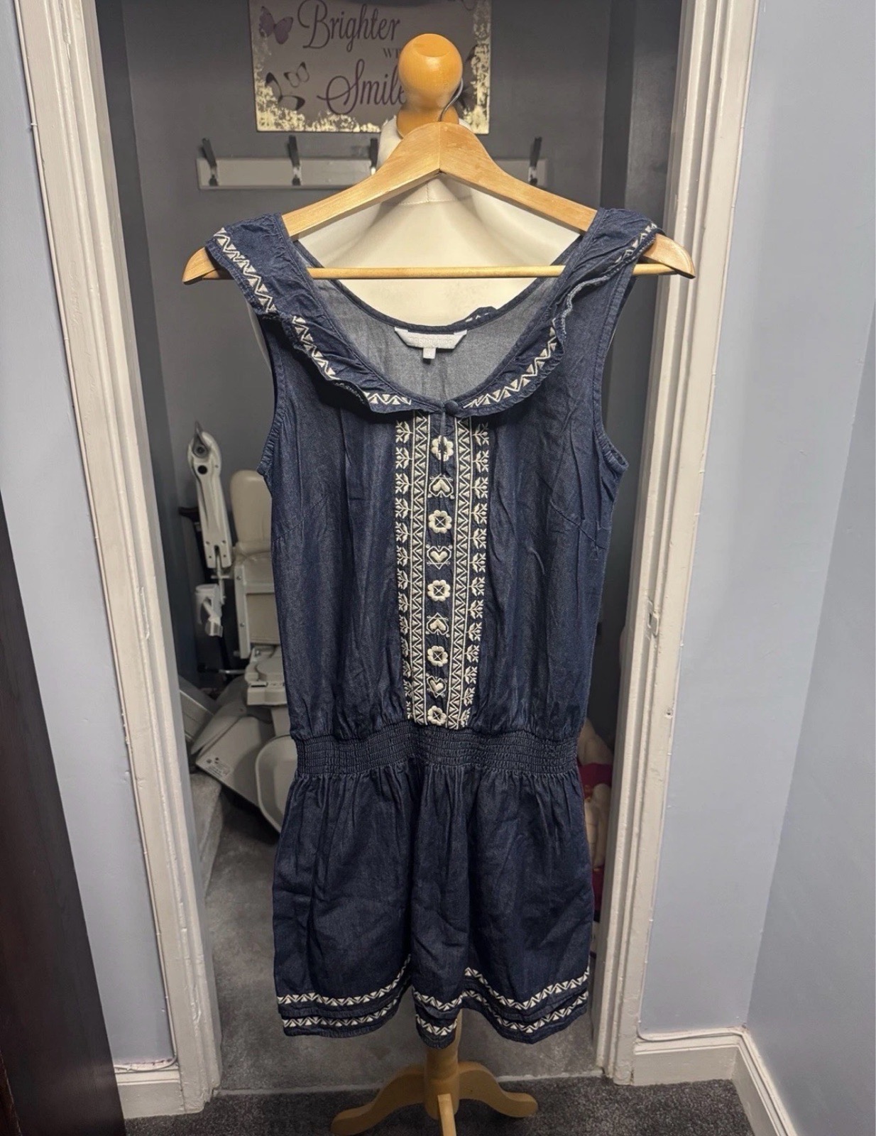 Debenhams Red Herring Denim Look Dress Blue UK 8 Embroidered Summer