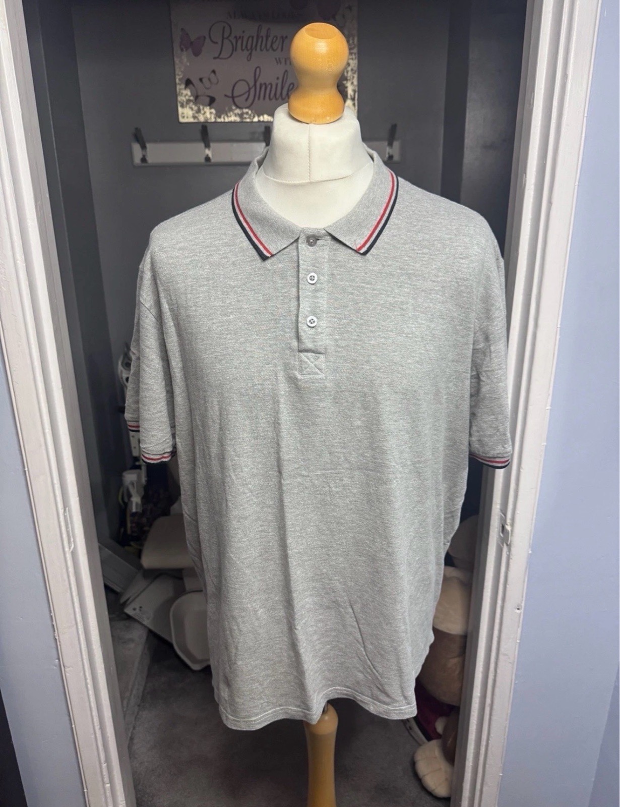 South Shore Mens Grey Polo Shirt XXXL Red Navy Tipped Short Sleeve Summer