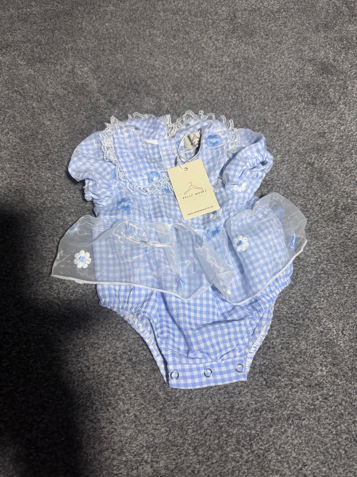 Polly Wears Baby Romper Dress Blue Gingham 6–9 Months Daisy Tulle BNWT