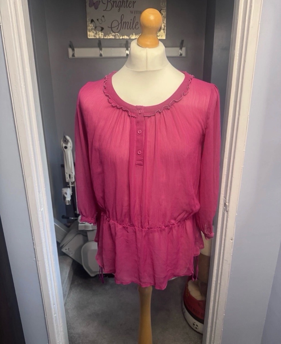 Old Navy Peplum Blouse Pink UK 14–16 Large Crinkle Long Sleeve Boho Top