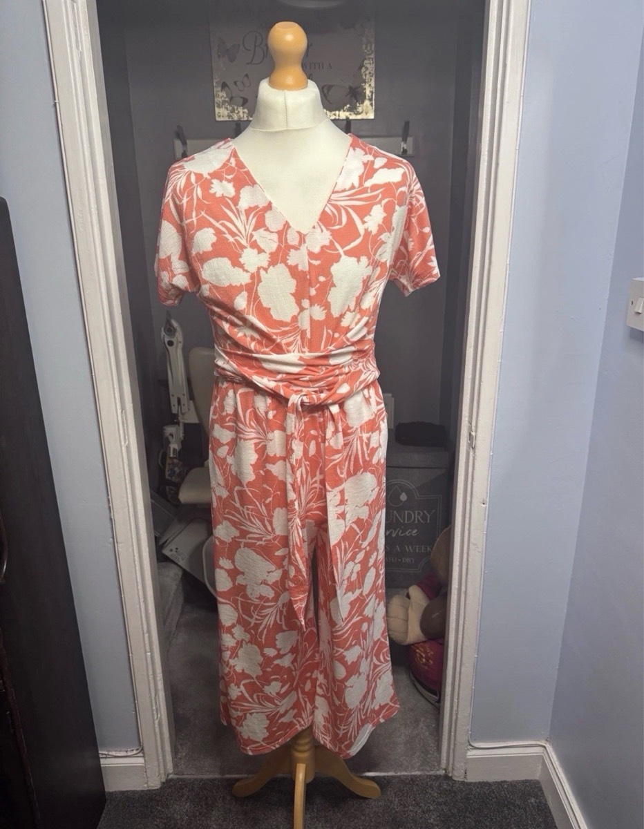 Next Jumpsuit Coral Floral UK 12 Tie Waist Wide Leg Summer