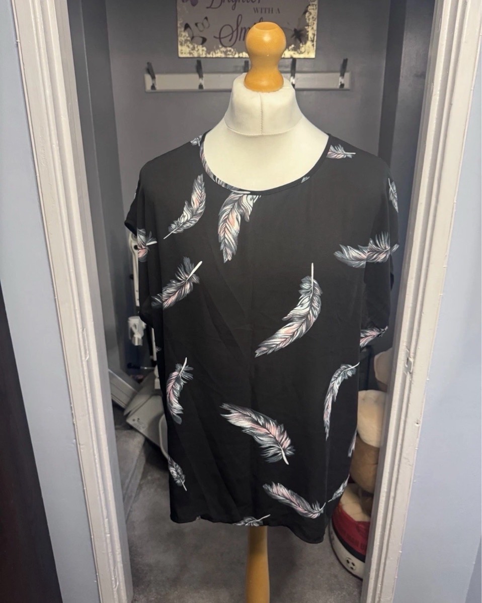 Papaya Weekend Blouse, Black Feather Print Top, UK 16 Cap Sleeve
