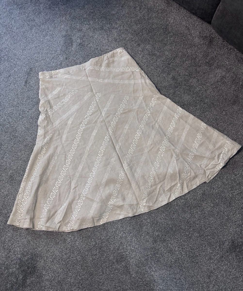 Style By EWM A-Line Linen Blend Skirt Beige UK 16 Embroidered Summer Midi