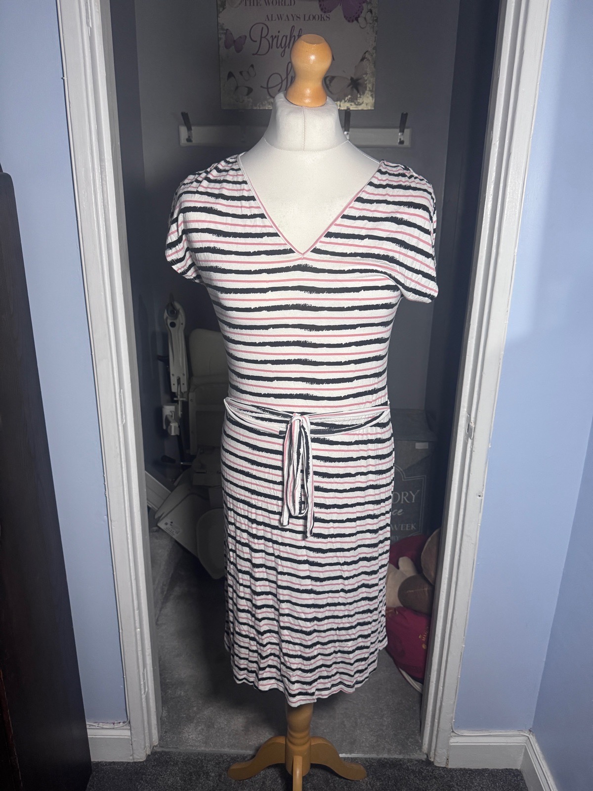 John Lewis Weekend Striped Belted Midi Dress White Pink Black UK 8