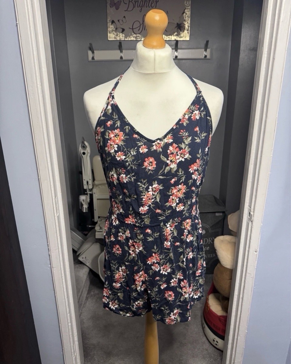 Abercrombie & Fitch Halterneck Floral Playsuit Navy UK 14–16 (L) Summer Romper