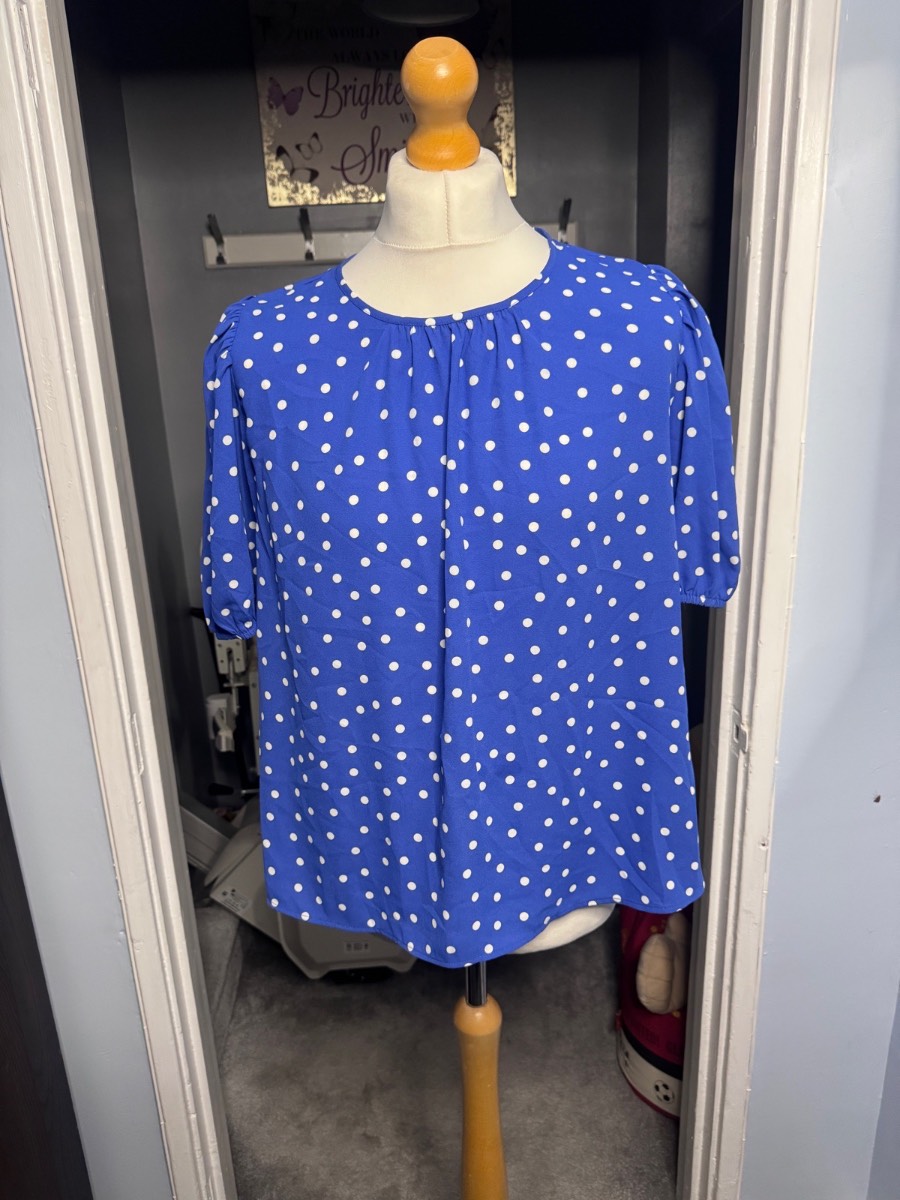 M&S Blouse Bright Blue White Polka Dot UK 16 Puff Sleeve Top