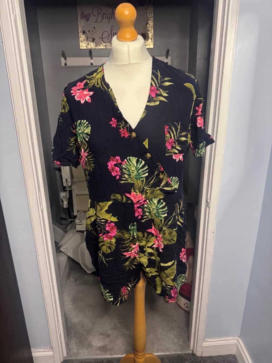 Dorothy Perkins Playsuit Navy Floral UK 18 Tropical Wrap Button V-Neck
