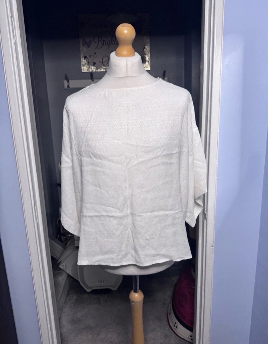Monsoon White Viscose Blouse UK 14 Textured Jacquard Smart Casual Top