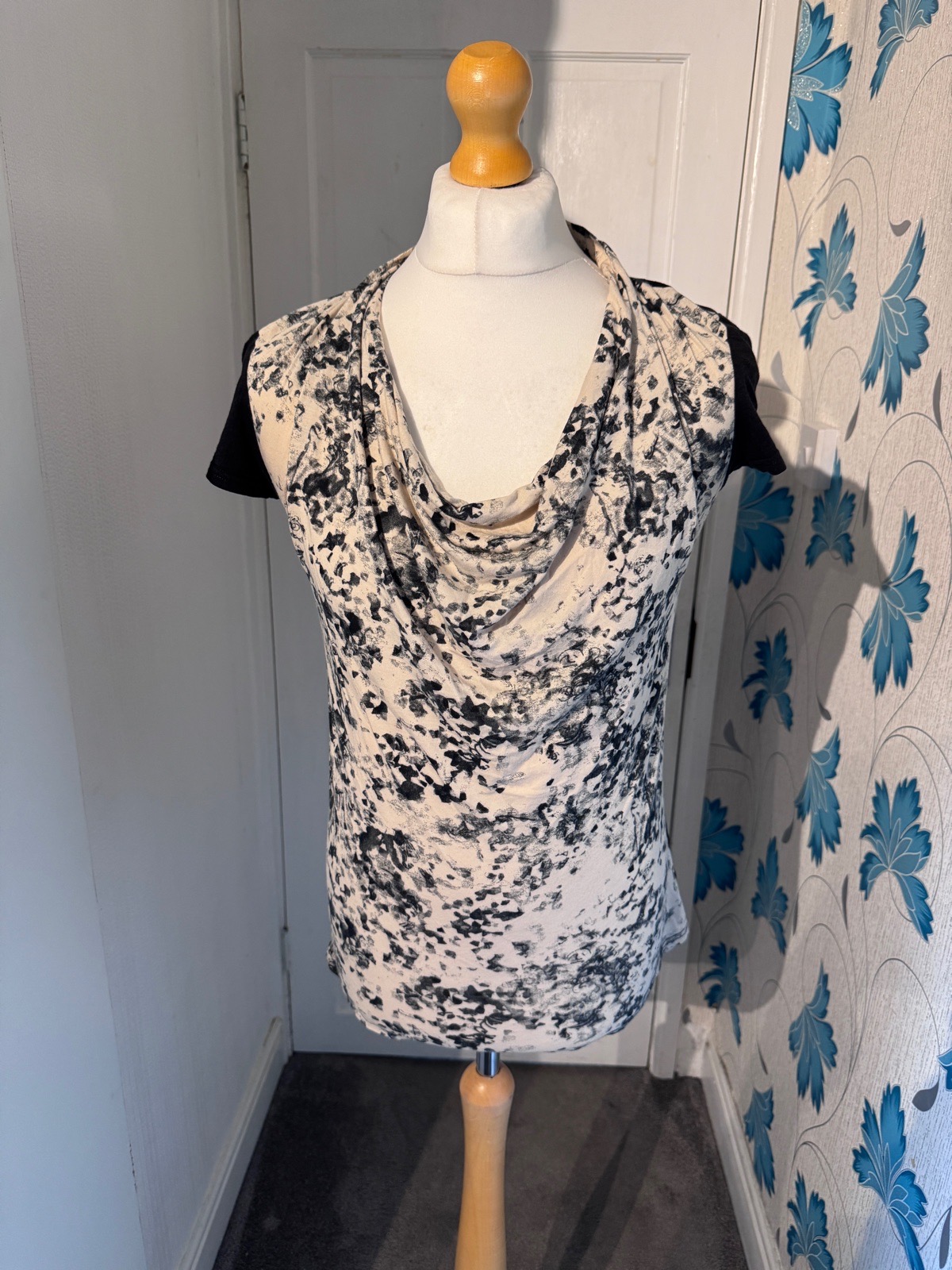 Bench Cowl Neck Top Black Cream UK 10–12 Layered Abstract Print Y2K