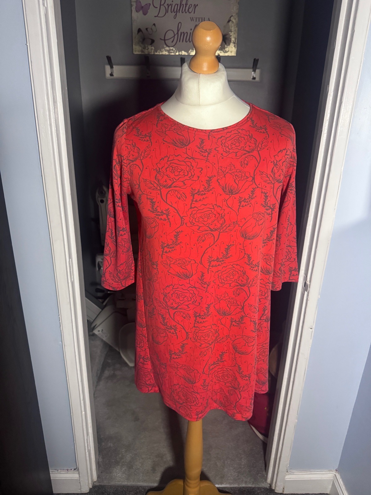 White Stuff Tunic Dress, Coral Red Floral, UK 12, 3/4 Sleeve
