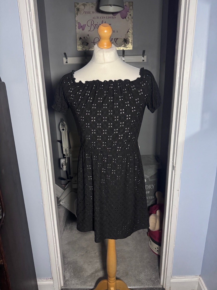 New Look Mini Dress Black UK 12 (M) Broderie Anglaise Bardot Off Shoulder