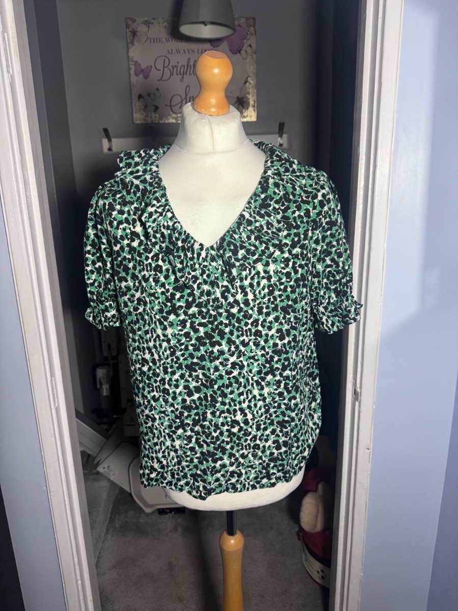 M&S Collection Green Animal Print Frill Blouse Top UK 14 V Neck Summer