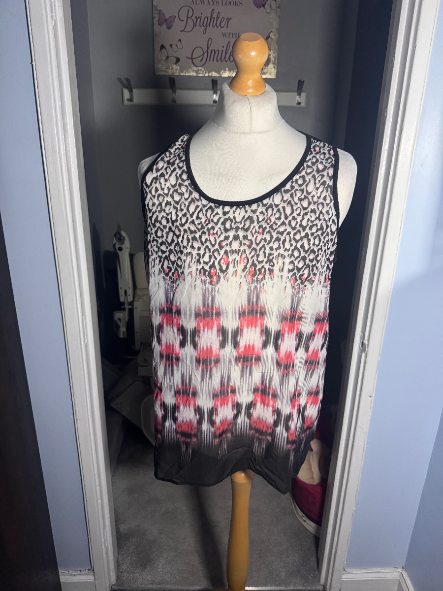 F&F Sleeveless Blouse, Animal Print Multi, UK 20, Chiffon Front Summer Top