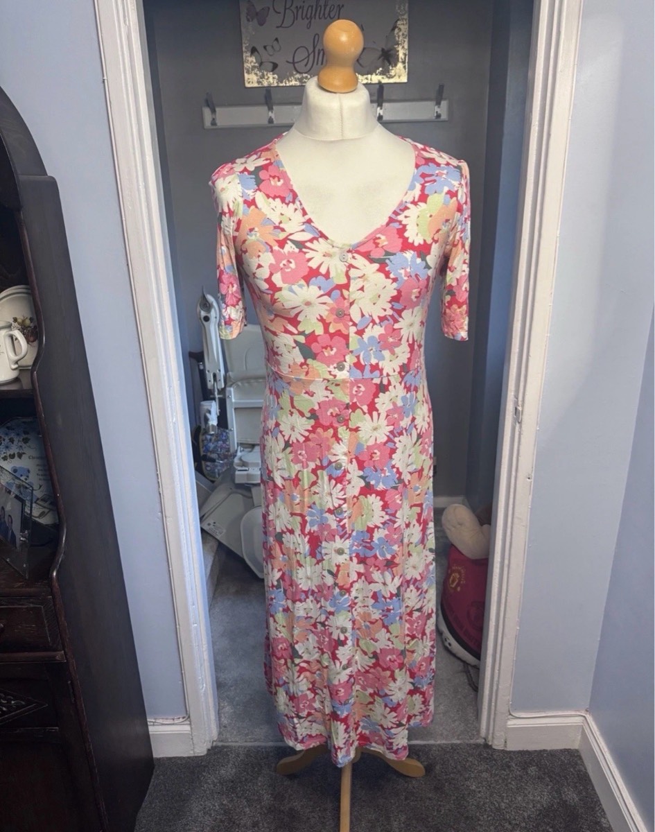 Cotton Traders Floral Midi Dress Pink UK 10 V Neck Stretch Jersey Summer Tea Dress