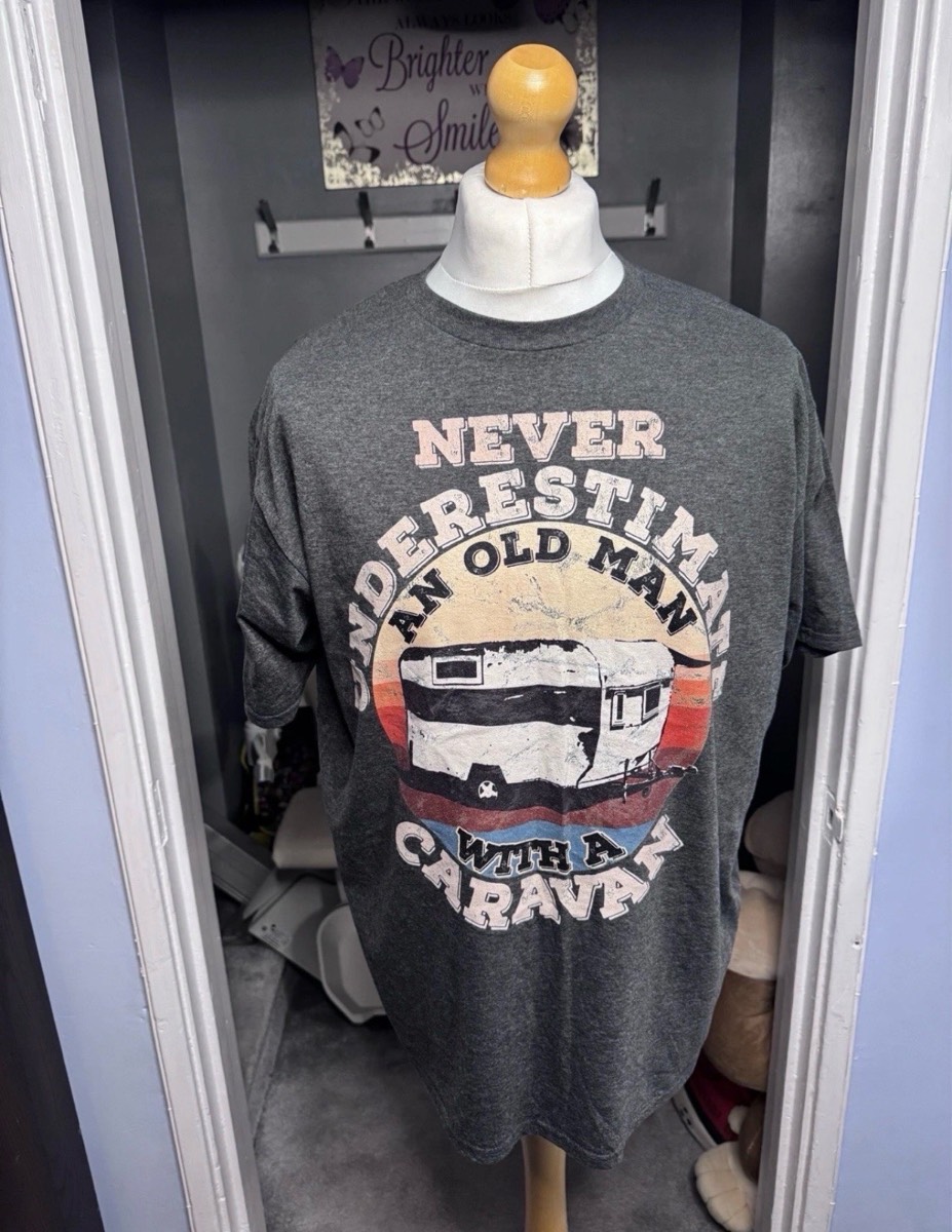 Port & Company T-Shirt Grey XL Vintage Camper Caravan Graphic
