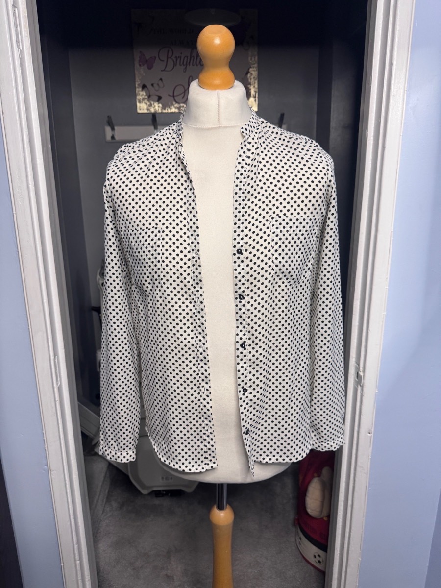 Zara Woman Blouse White Black Polka Dot Size UK 10 Long Sleeve
