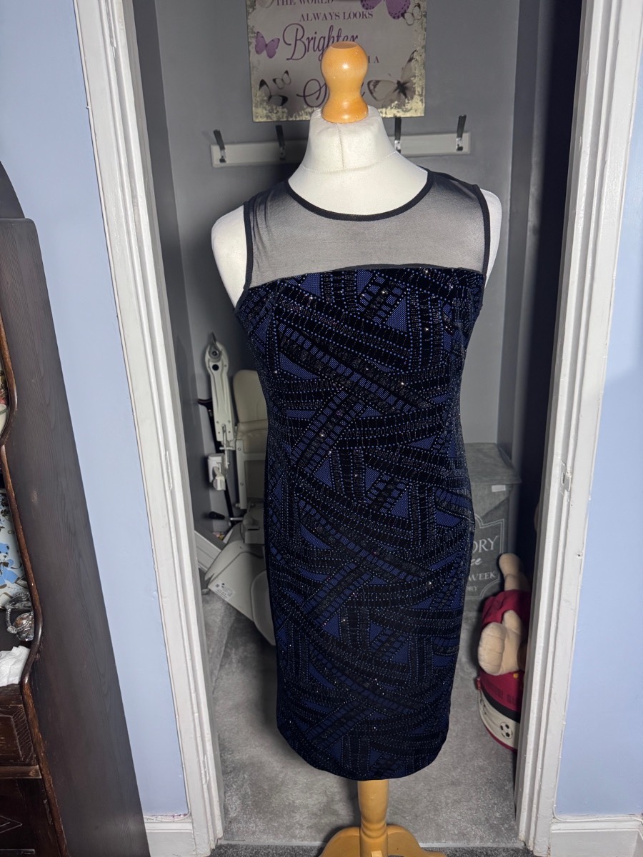 Roman Bodycon Occasion Dress Blue Black UK 14 Mesh Sparkly Party Midi
