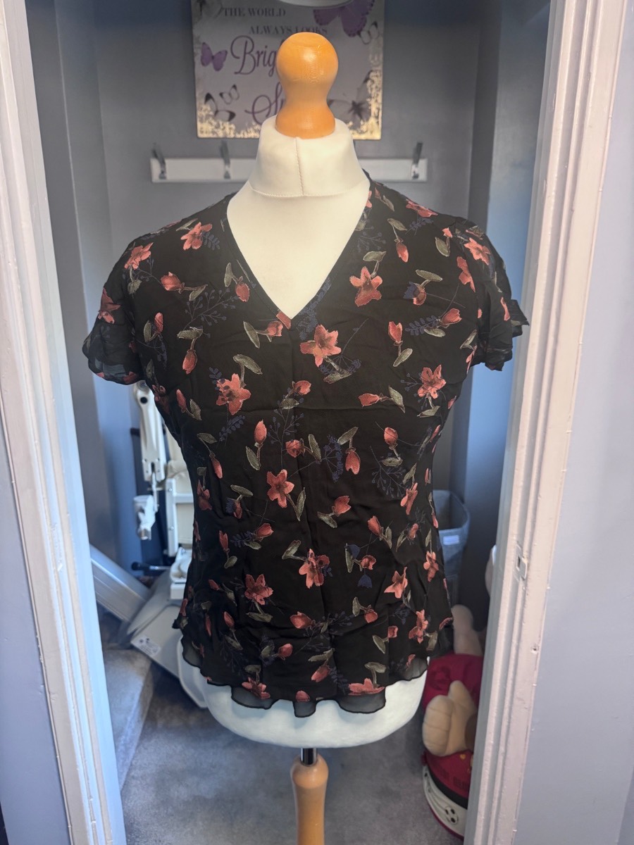 Vintage St Michael Marks & Spencer Floral Blouse Black UK 16 Sheer Peplum Top