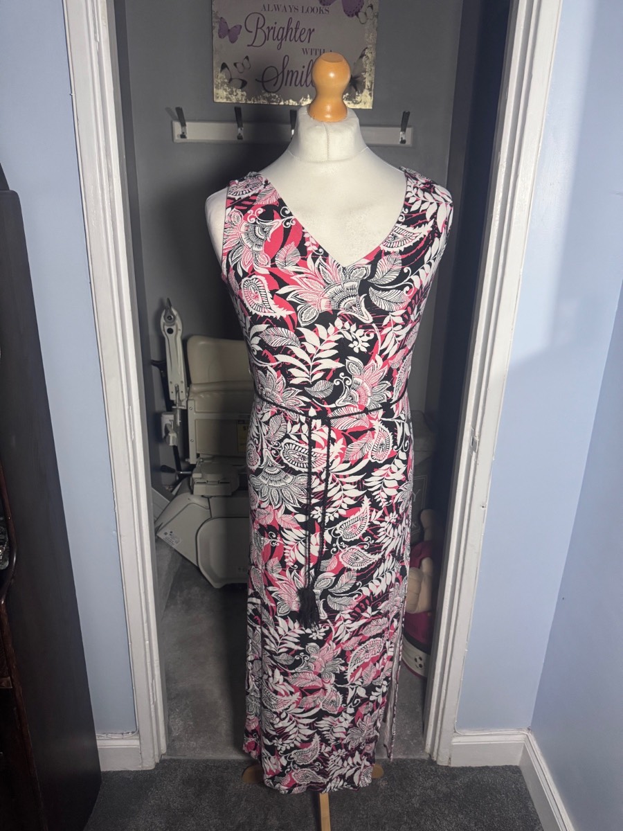 M&S Collection Maxi Dress Black Pink Floral UK 12 Tassel Tie Stretch Summer