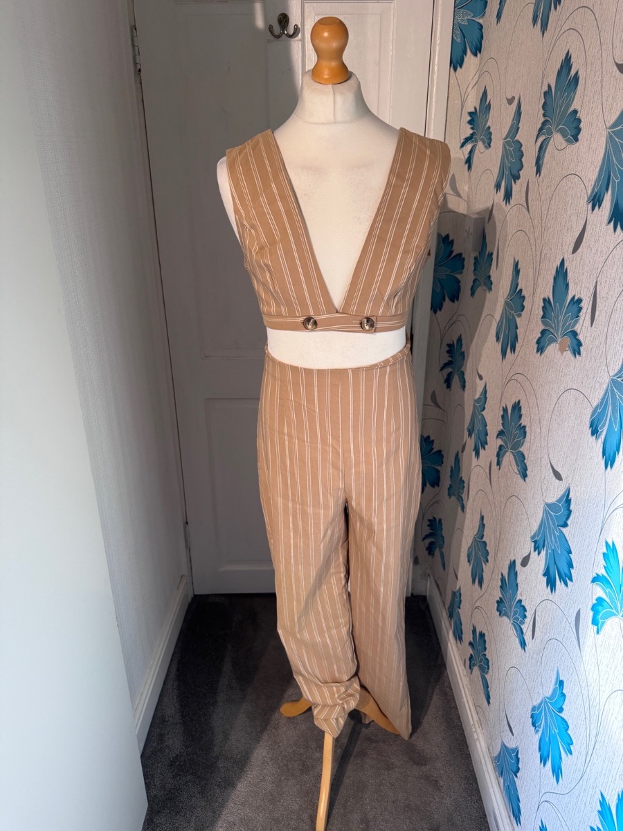 ASOS Design Tall Jumpsuit Beige Stripe UK 16 Plunge Wide Leg Cut Out