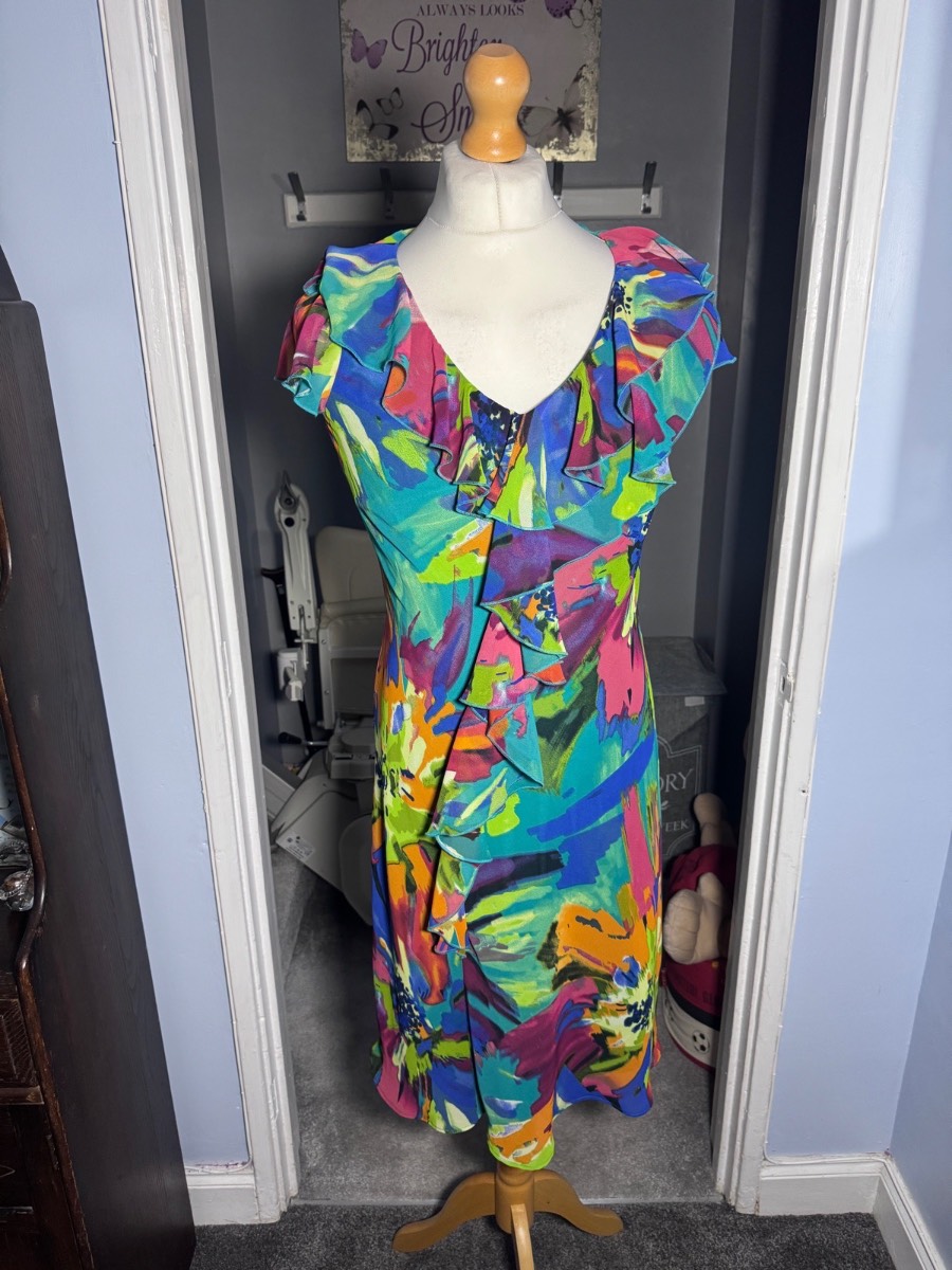M&S Per Una Midi Dress Multicolour UK 14 Abstract Floral Frill Occasion Summer