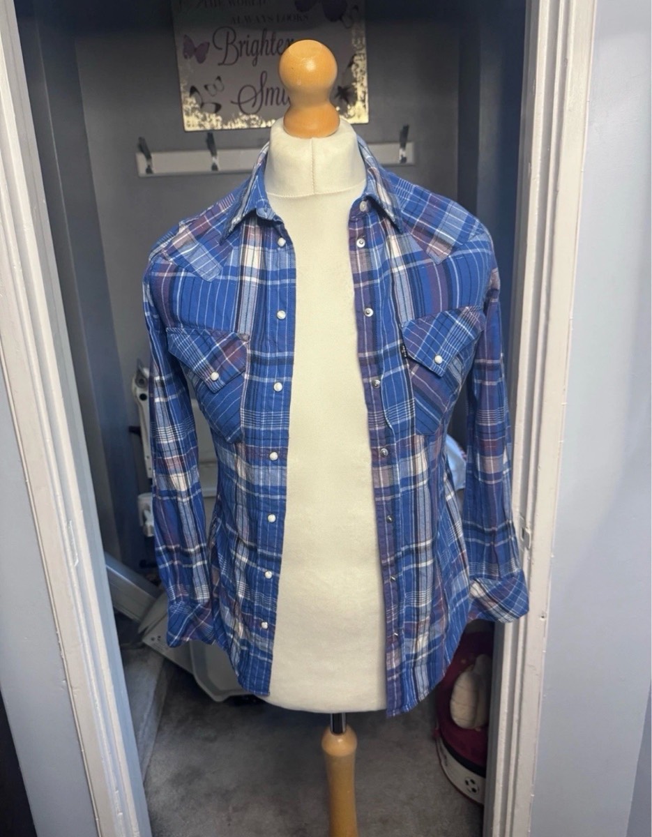 Levi’s Western Shirt Blue Checked Plaid UK 8-10 (S) Pearl Snap Long Sleeve