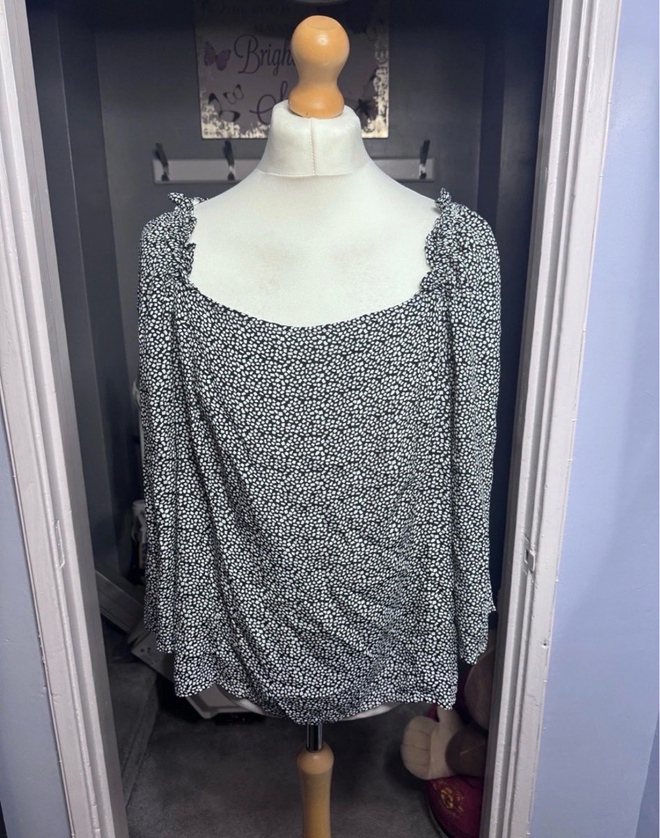 Monsoon Blouse Black & White UK 22 Frill Neck Long Sleeve Peplum Top